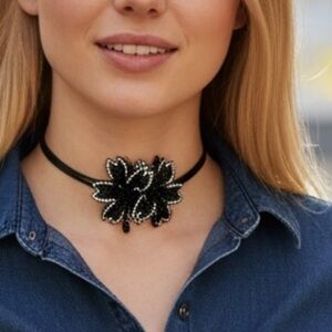 Jennifer K Company Black Rhinestone Flower Choker Necklace (BR999/2)
